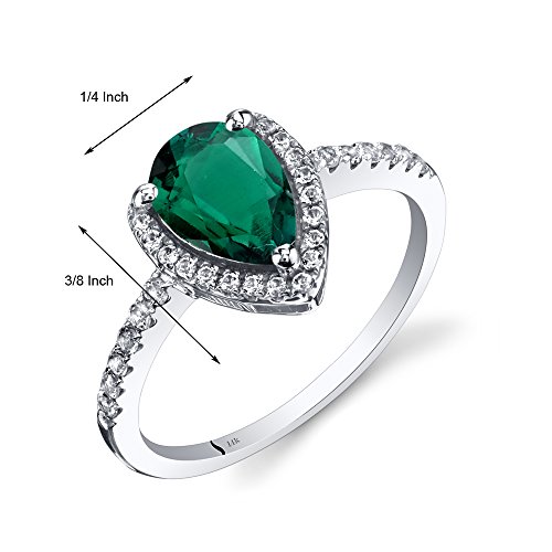 Peora Created Emerald Teardrop Halo Ring For Women 14K White Gold With Genuine White Topaz, 1.25 Carats Pear Shape 9X6Mm, Size 7 #TOP1