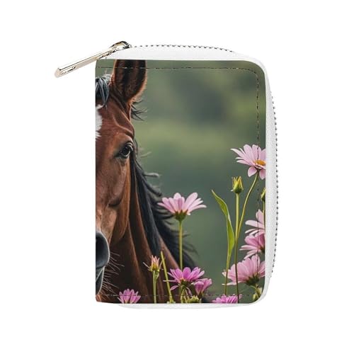 RFID Credit Card Holder Wallets for Women Cute Small Leather Ladies Cardholder Wallets Horses And Flowers Card Organizer Case with Zipper