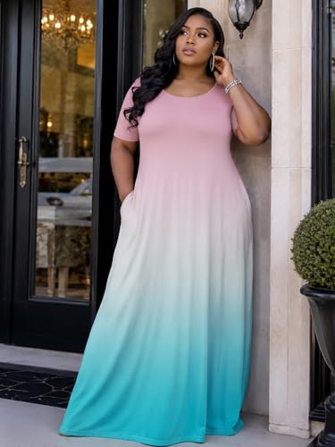 Image of PinkPatty Women's Plus Size Maxi Dresses Short Sleeve Sundress Summer T-Shirt Beach Long Dress with Pockets