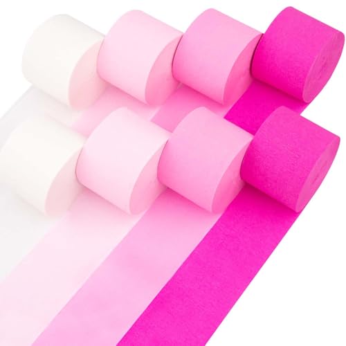 Captain Dcor 8 Pink Streamers with White 656ft Pack of Pink Crepe Paper Streamers for Bachelorette Party Decorations Birthday Decor (1.8 inch x 82 ft/Roll)