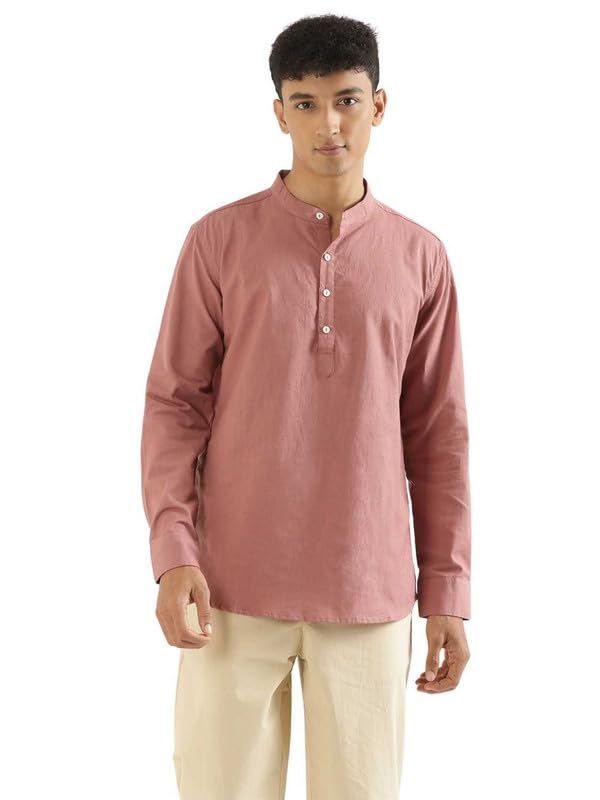 Image of SAADAA Men's Short Kurta - Linen Cotton Blend, Airy Fabric, Regular Fit, Mandarin Collar, Solid Color - Casual, Festive & Ethnic Wear
