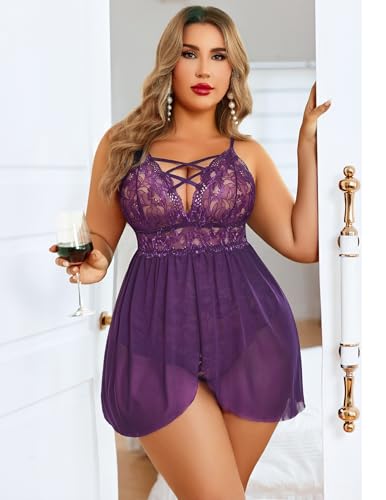 Image of Avidlove Plus Size Babydoll Womens Snap Crotch Lingerie V Neck Lace Nighty Sleepwear L-5XL
