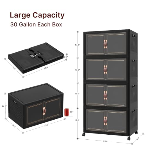 Image of UAMFURI Stackable Storage Bins with Lids, 480QT Closet Organizers, Lockable Storage Cabinet,Foldable Storage Box with Doors and Wheels, Plastic Drawers for Home, Garage, Office (4, Black, Large)