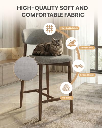Image of Bar Stools Set of 1, 25.6″ Counter Height Bar Stools with Wood Legs, Upholstered Modern Kitchen Barstools for Kitchen Island Dining Room Bar, Light Grey