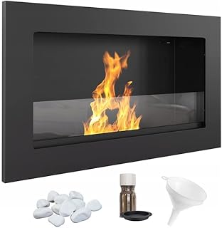 KRATKI Golf Indoor Bioethanol Fireplace Wall-Mounted Biocontainer 0.2 l TÜV Certified Black Powder Coated Steel with Glass Pane 37 x 64 cm Plus Green Tea Aromatherapy Set