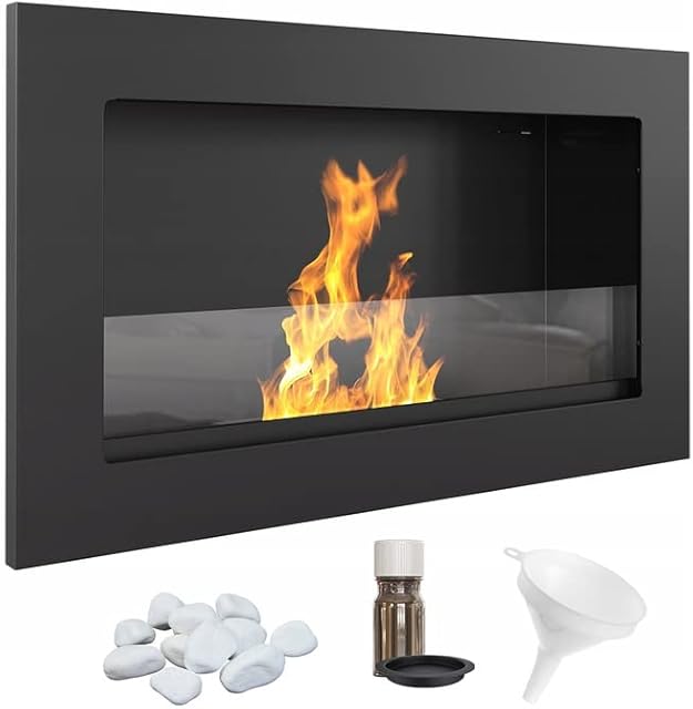 KRATKI Golf Indoor Bioethanol Fireplace Wall-Mounted Biocontainer 0.2 l TÜV Certified Black Powder Coated Steel with Glass Pane 37 x 64 cm Plus Green Tea Aromatherapy Set