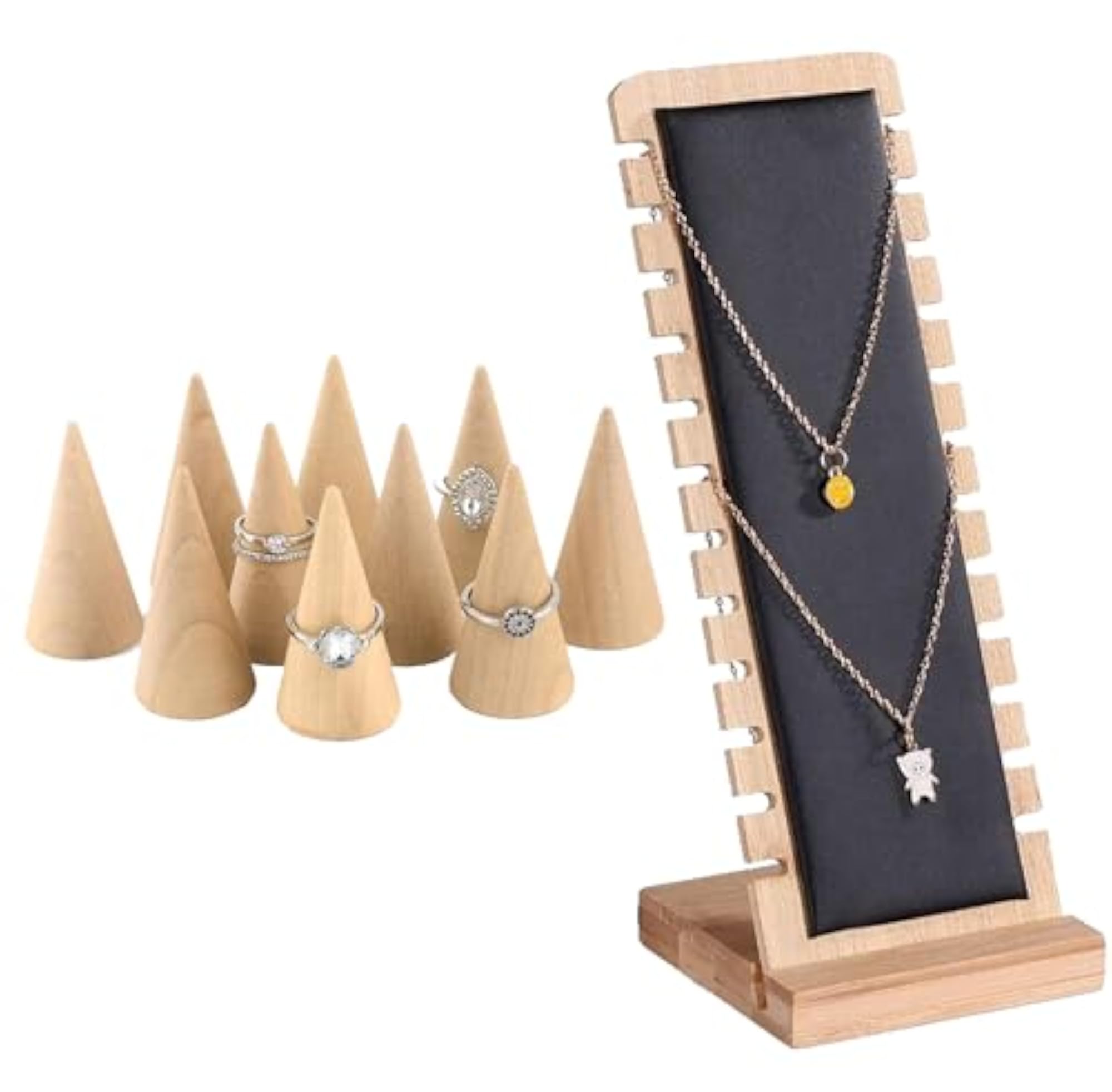 Wooden Necklace Display Stand & 10 Pc Wooden Cone for Rings Display