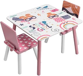 EUGAD Children Table & Chair Sets Pink Desk Table with 2 Chairs Stools Set for Preschoolers Kids Study Activity Wooden