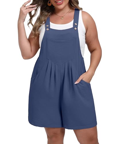 OLRIK Plus Size Romper Casual Jumpsuit Loose Fit Overall For Curvy Women Denim Blue-3X