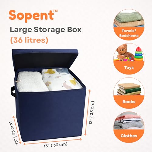Image of Sopent Fabric Storage Box and Organiser with Lid - Blue 33x33x33cm, 36L | Foldable Cloth Organizer with Cover for Clothes, Toys & Wardrobe