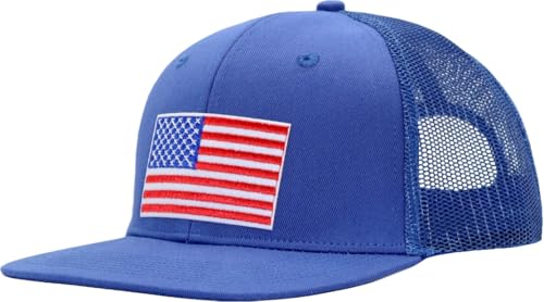 Image of Men Flat Bill USA Flag Mesh Hat Fits OSFM&XXL Head | Snapback Trucker Cap | 250th US Anniversary Veterans Memorial Day Gifts