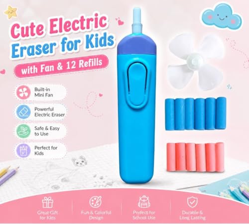 Image of Cute Electric Eraser for Kids with Built-in Fan & 12 Refills | Battery Operated Automatic Eraser for Drawing, Sketching, Homework & School Projects for Boys & Girls (Multicolor)