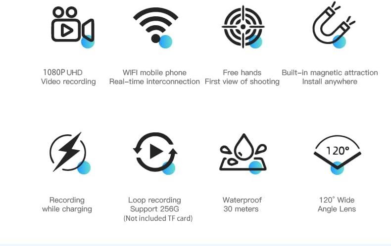 Icons representing key features of the TKMARS Mini Action Cam: 1080P UHD Video, WiFi, Free hands, Magnetic attraction, Recording while charging, Loop recording, Waterproof 30 meters, and 120 degree Wide Angle Lens.
