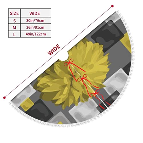 Christmas Tree Skirt With Pom Trim Geometric-Flowers-Yellow-Grey Holiday Christmas Home Decorations 30" #TOP1
