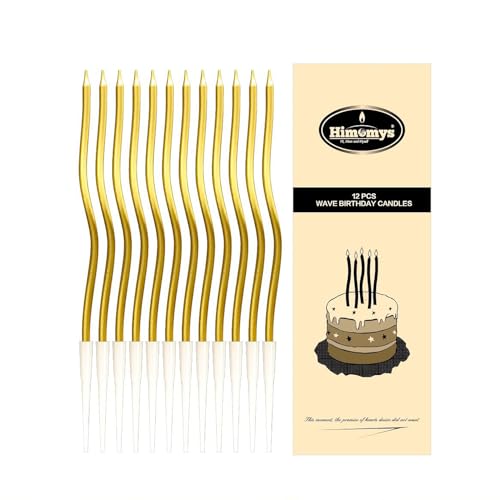 Himomys Gold Spiral Long Thin Birthday Candles for Cake Metallic Cake Decorations Happy Birthday Candles with Holders Long Lasting & Safe (12 Gold)