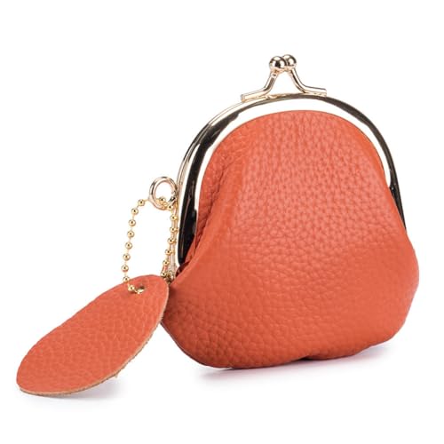AprinCtempsD Petit Porte-Monnaie Femme en Cuir Véritable Mini Portefeuille avec Fermoir à Clip Kiss Lock pour Bijoux Écouteurs Clés (Orange)