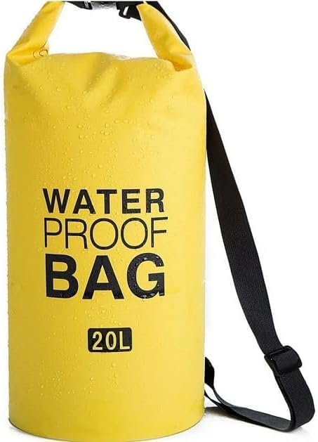 Bolsa Mochila Impermeável 20L Saco Estanque PVC com Alça Ajustável – Camping, Praia, Caiaque, Pesca e Esportes Aquáticos – À Prova D’Água e Super Resistente| AMARELO