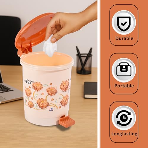 Image of Kuber Industries 2.5 Ltr Plastic Pedal Dustbin | Trash Waste Bin for Study Room, Bed Room, Wash Room & Office Use | Dustbins & Garbage Bin for Kitchen & Home | Flower - Cream
