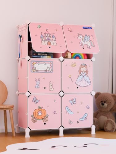 Image of BOXJOY 12 Shelf Plastic Kids Wardrobe with 6 Doors, Sticker Sheet & Holder