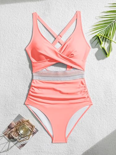 Image of B2prity Women's One Piece Swimsuit Tummy Control High Waisted Bathing Suit | Color Block,Removable Soft Cups,Cutout,V neck,Full Coverage,Adjustable Criss Cross Straps,Tie Back