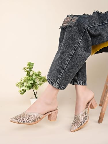 Image of XE Looks Women's Rhinestone Embellished Pointed Toe Mule Heels | Soft Cushioned Insole | Comfortable Stylish Slip-On Block Heel Sandals for Girls & Women