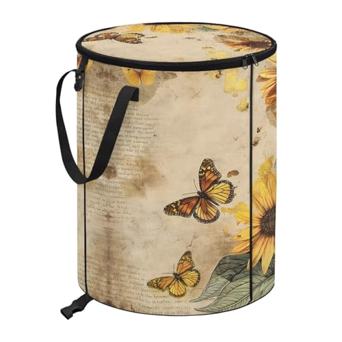 CREAMIC Butterfly Outdoor Trash Bin Collapsible Garbage Can with Handles Reusable Garbage Bag with Zipper Lid Camping Trashcan for Grass Clippings and Picnic Waste