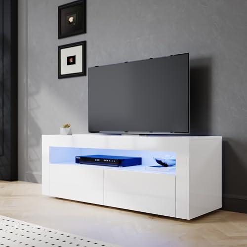 SIRHONA Meuble TV Blanc, Meuble Tele avec LED, Éclairage LED RGB avec Couleur réglable, 2...
