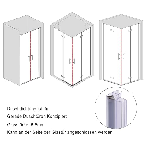 KOOBON Magnetdichtung 2 Set(4 Stück), Länge 100cm Glasstärke 6mm 7mm 8mm Magnetduschdichtung für Duschtüren Duschdichtung Magnet Ersatzdichtung magnetisch für 180 Grad und 90 Grad