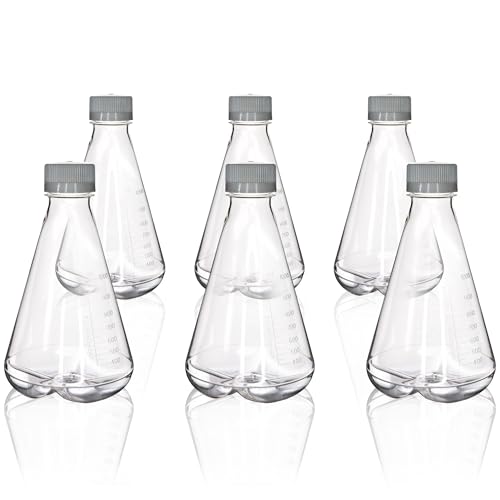 Eisco - Paquete de 6 frascos Erlenmeyer de PETG estériles de 1 litro, sin ventilación, fondo deflectado, esterilizado gamma, clase VI, grado de laboratorio, almacenamiento químico, cultivo celular