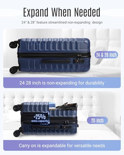 LIGHT FLIGHT Luggage Sets, 3 Piece Durable Suitcase Set with Spinner Wheels, 3 Pcs Hardside Lightweight luggage with TSA Lock, Large Checked Travel Suitcases, 20/24/28 Inch, Dark Blue