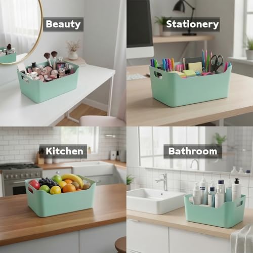 Image of KOLORR Jolly Plastic Large Baskets with Handle for Storage Box| Multipurpose Light Weight Plastic Baskets organiser for Clothes Toys Stationary Cosmetics Livingroom Bathroom | Pack of 3 - Mint