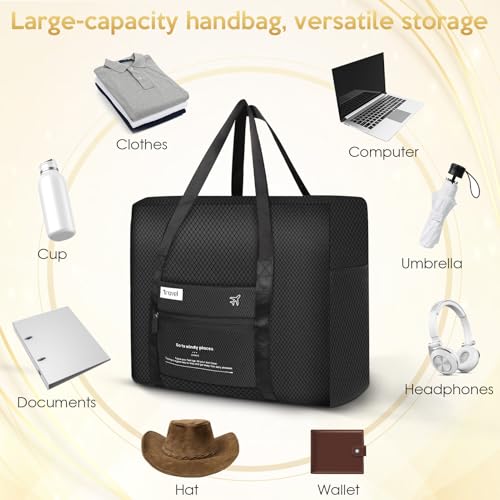 Aevcvok Faltbare Reisetasche, Handgepäck Tasche mit Schuhbeutel und Reißverschlusstasche, Tasche Handgepäck Flugzeug, Leichte Reisetasche für Reisen, Fitness, Camping (Schwarz)