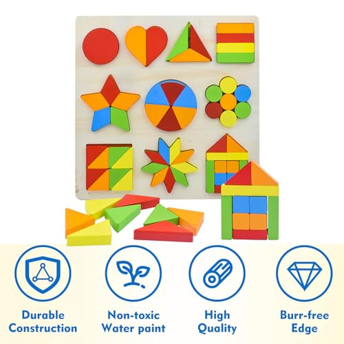 Image of WISHKEY Wooden Shapes Puzzle Learning Toy, Montessori Game Educational Toys for Kids, Intelligence Brain Teaser Puzzle Board with 10 Designer Shapes, Multicolour, 3+ Years (Pack of 1)