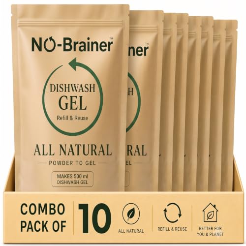 Image of NO BRAINER Dishwash Powder to Liquid | Natural Plant-Based, Non-Toxic Dishwash Liquid | Hard on Grease, Easy on Hands | No Residue | Baby & Pet Safe | No Plastic Waste | Lime (10 Pouch for 5 Litres)