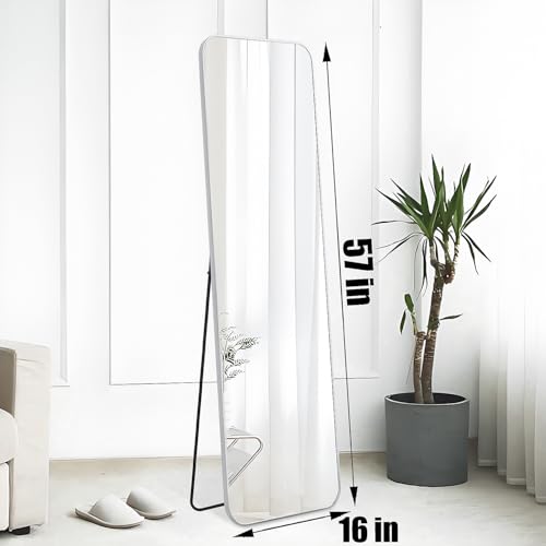 Image of 57x16 Door Hanging Full Length Mirror, Floor (Height 5.7ft just Body in 1.3ft) or Wall Mounted Metal Frame Rectangle Dressing Mirrors for Bathroom Bedroom Living Room 57 inch Silver