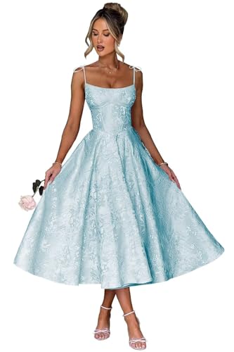 Jacquard Floral Satin Prom Dresses for Women 2025 Spaghetti Straps A-Line Midi Formal Evening Party Gown with Pockets