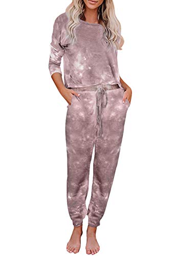 Selowin Women Long Sleeve Shirts Drawstring Pant Sweatsuit Tracksuit Sets Brown S