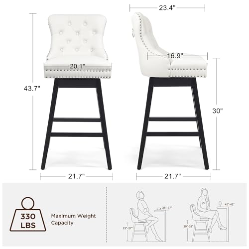 Image of White Leather Swivel Bar Stools Set of 4 with Back, 30 Inch Counter Height Chairs, Solid Wood Legs, Tufted Seat, Comfortable and Stylish for Kitchen, Island, Home Bar(White, 4 Pack, 30 inch H)