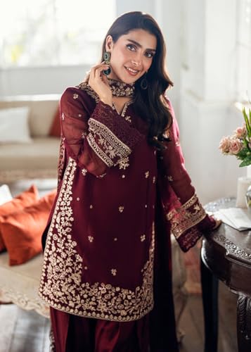 Image of Women's French Crepe Kurta Set with Organza Dupatta | Floral Thread Embroidered Ethnic Suit Set | Straight Kurta Pant Set Round Neck Festive Indian Wear