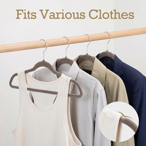 Image of HOUSE DAY Taupe Velvet Hangers 60 Pack, Non Slip Clothes Felt Hanger Heavy Duty for Coat, Premium Slim Space Saving Suit Hangers for Closet Organizer, 360 Rotating Silver Hook