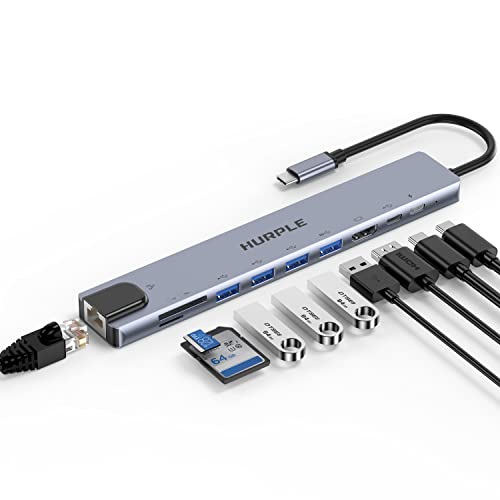 USB C Hub, 10-in-1 USB C Multiport Adapter with 4K HDMI, 100W Power Delivery, USB 3.0, 4 USB-A, USB-C Data, Ethernet, SD/TF Card Reader, Hurple USB C Hub for MacBook Pro Air, ChromeBook and More