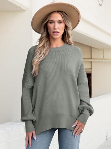 Image of ANRABESS Women Oversized Sweaters Batwing Long Sleeve 2026 Fall Outfits Crewneck Casual Knit Side Slit Fashion Pullover Top