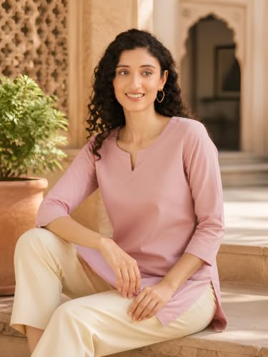 Image of SAADAA Airy Linen Split Neck Short Kurta for Women | Casual & Office Wear | 3 /4 Sleeves, Comfortable Fit | Elegant Top | Lightweight & Breathable Fabric |