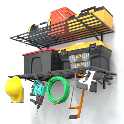 Xalvora Heavy Duty 2 Pack Garage Shelving with Hooks, Garage Storage Rack Wall Mounted Shelves for Tool Room, Storage Room, Store Supermarket, 500lbs Weight Capacity (2 * 4ft)