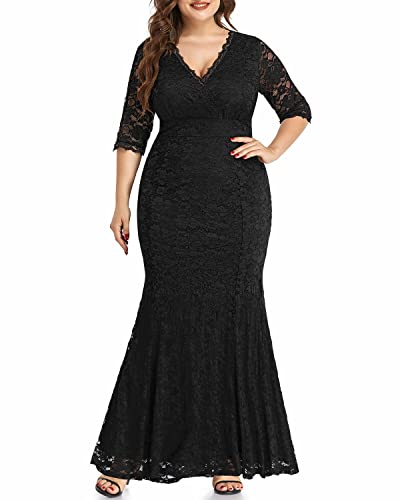 Plus Size Formal Gowns and Evening Dresses Black Wedding Prom Mermaid Party Long Lace Wrap Cocktail Sexy Maxi 3 4 Sleeve