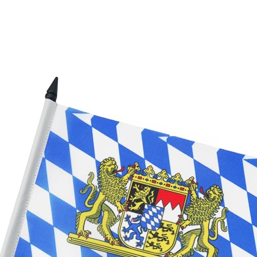 AZ FLAG - Tischflagge Bayern mit Löwe, 21 x 14 cm – kleine Bayerische Büroflagge, 100% Polyester, mit Fahnenstange von 25 cm und Sockel aus schwarzem Kunststoff