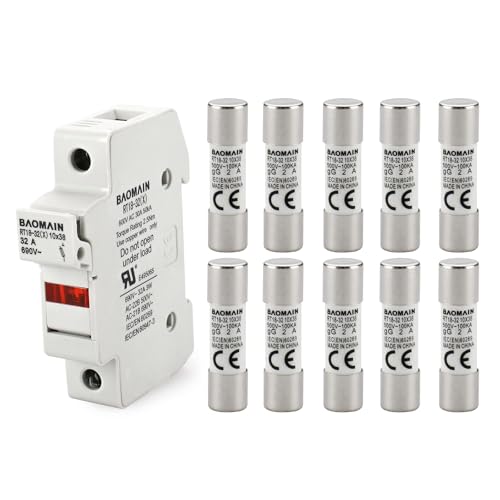 Baomain RT18-32 Fuse Holder Base with 10x2A Ceramic Fuses (10x38mm) – 1 Pole DIN Rail Mount, LED Indicator, CE Certified (2 Amp)