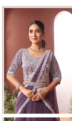 Viscose Mirror & Stone Ready to Wear Draped Sari Lehenga Style Saree Blouse 9344 (Dusty Purple, S)