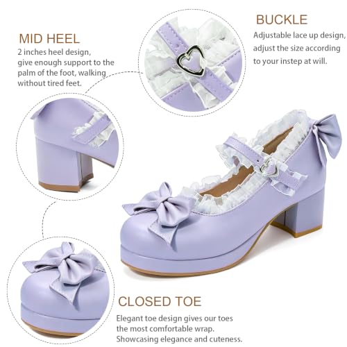 Image of LUXMAX Women Kawaii Mid Block Heel Mary Jane Rockabilly Pumps with Bow Platform Chunky Heel Cute Sweet Shoes