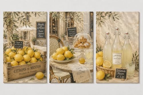 ICE ARMOR Large Set of 3 French Lemon Market Canvas Wall Art Rustic Farmhouse Kitchen Decor Mediterranean Cafe Botanical Artwork for Dining Room 16x24 Inch Frameless Canvas Print - Ready to hang by ICE ARMOR - Used condition - US$58.29